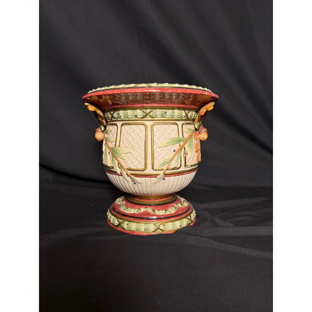 Fritz‎ & Floyd Urn Home Decor Large Cream Red Good Acorn Oak Leaf Majolica - Picture 3 of 7